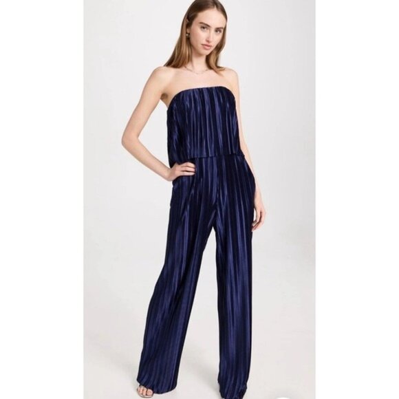 AMANDA UPRICHARD Collina Crinkle Jumpsuit Navy Size XS Pleated Strapless - Picture 3 of 14